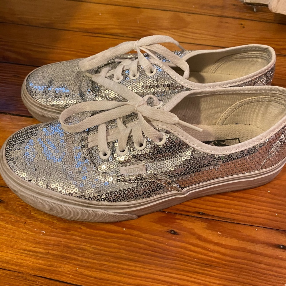 Sparkly Lace-Up Vans Silver Sequin GUC Size 7